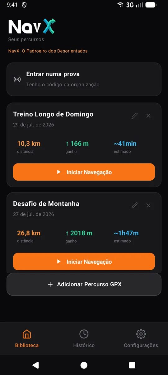 Biblioteca de percursos do NavX com os cartões "Treino Longo de Domingo" e "Desafio de Montanha"