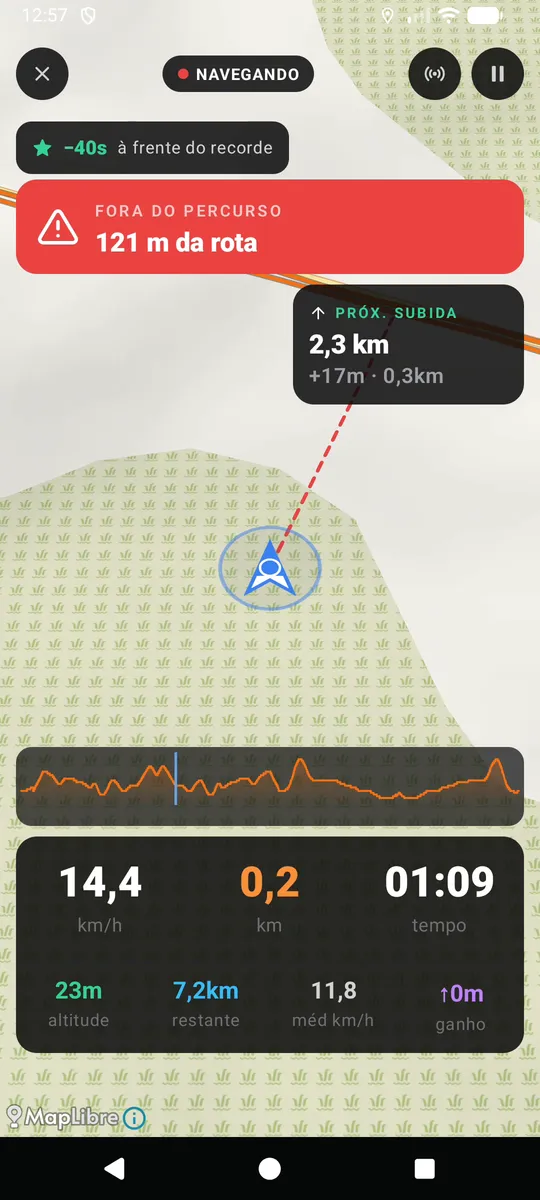 Tela do NavX com o alerta "Fora do percurso — 121 m da rota" e uma linha tracejada indicando o caminho de volta