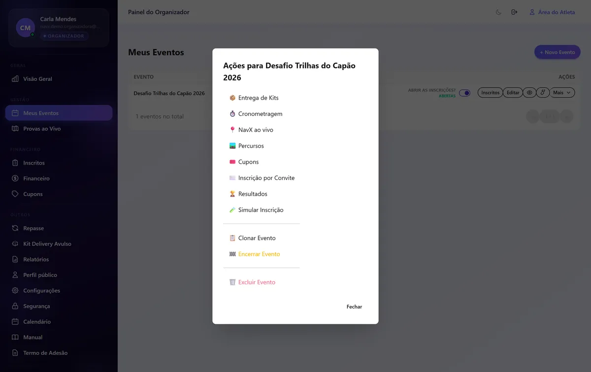 Painel do organizador com o menu de ações do evento aberto e a opção NavX ao vivo