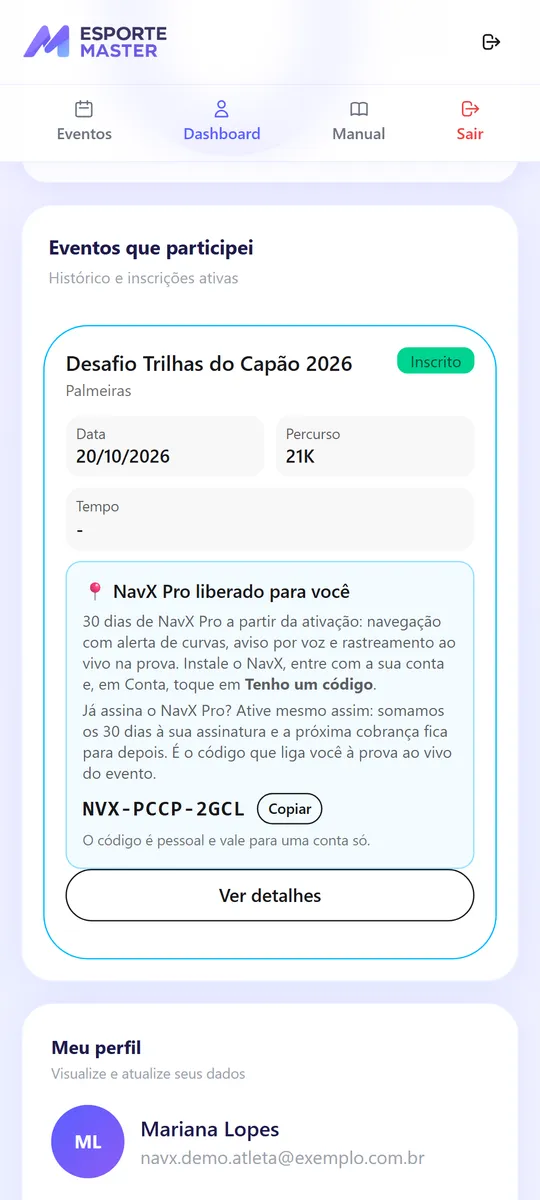 Área do Atleta no celular mostrando o código NavX liberado para a prova