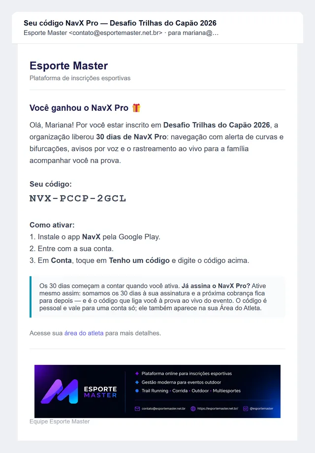 E-mail recebido pelo atleta com o código NavX Pro e o passo a passo para ativar