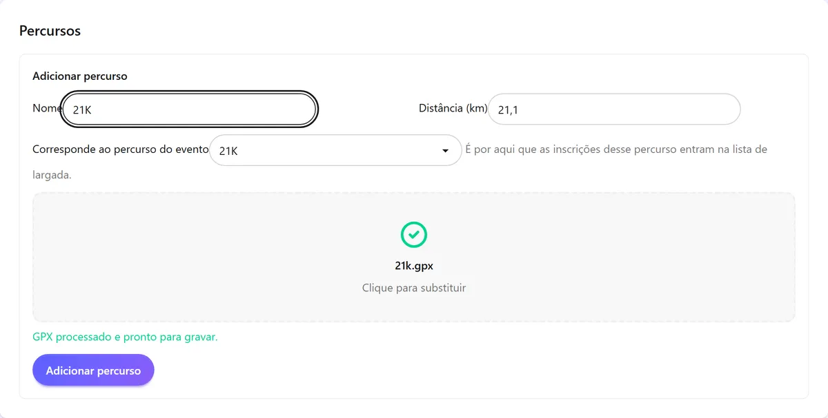 Cadastro de percurso com o arquivo GPX do 21K processado