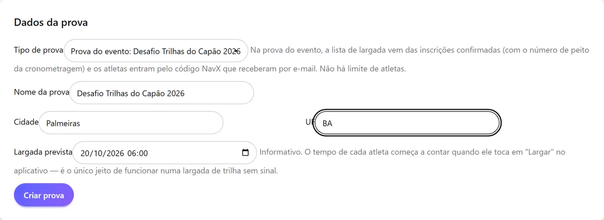 Formulário de nova prova ao vivo com o tipo de prova ligado ao evento já escolhido
