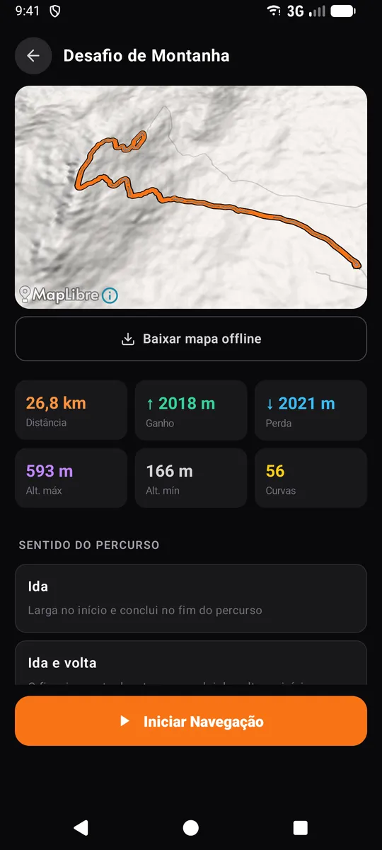 Detalhe do percurso "Desafio de Montanha" com o mapa, as estatísticas e o botão "Baixar mapa offline"